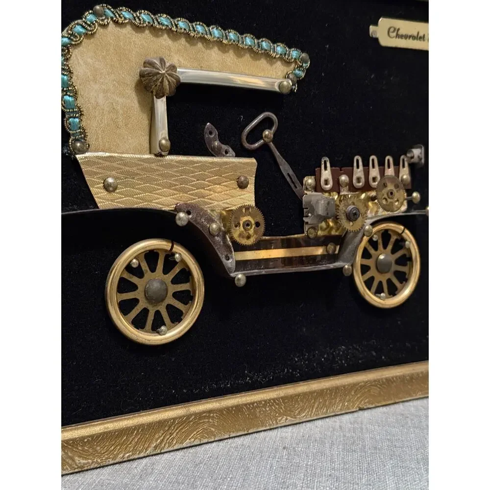 ✨ VTG MCM 60s 70s Folk Art Chevrolet 1912 Car Picture Velvet Steampunk Parts 13”